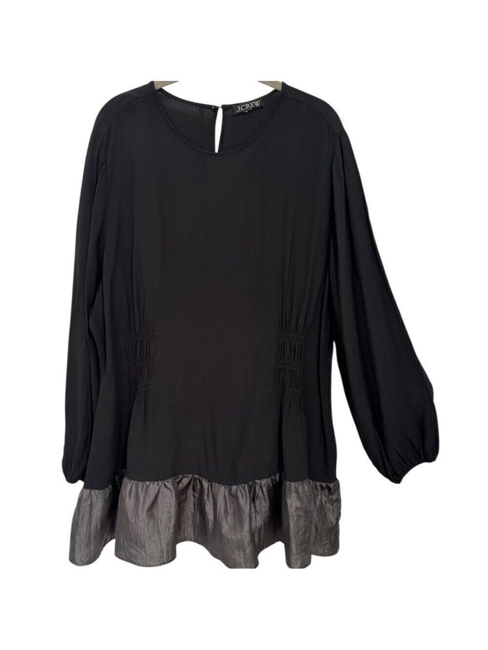 J. Crew Plus Sz 2X Shirred-Waist Top in Viscose Crepe Black Ruffle Hem HO 2024